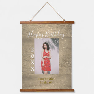Golden glitter happy 15th birthday photo name year hanging tapestry