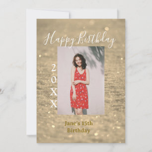 Golden glitter happy 15th birthday photo name year invitation