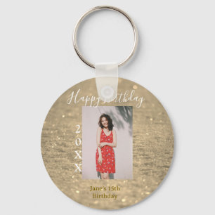 Golden glitter happy 15th birthday photo name year key ring