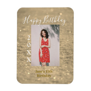 Golden glitter happy 15th birthday photo name year magnet