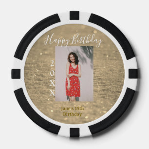 Golden glitter happy 15th birthday photo name year poker chips