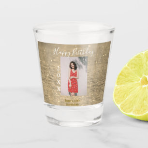 Golden glitter happy 15th birthday photo name year shot glass