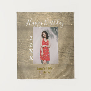 Golden glitter happy 15th birthday photo name year tapestry