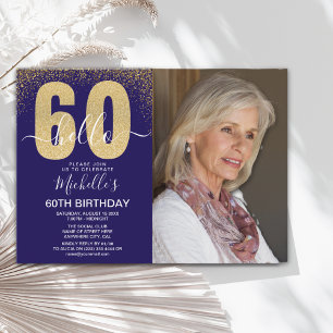Golden Glitter "Hello 60" Photo Birthday Women Invitation