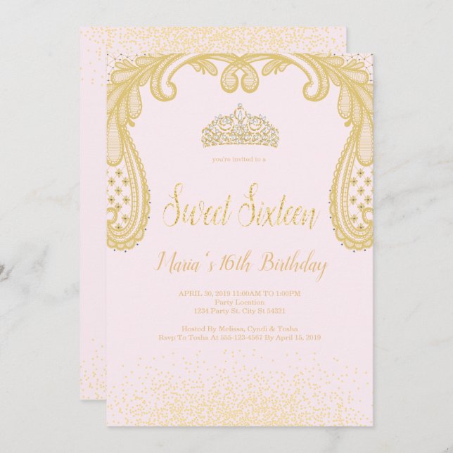 Golden Glitter & Lace, Sweet 16 Invitations (Front/Back)