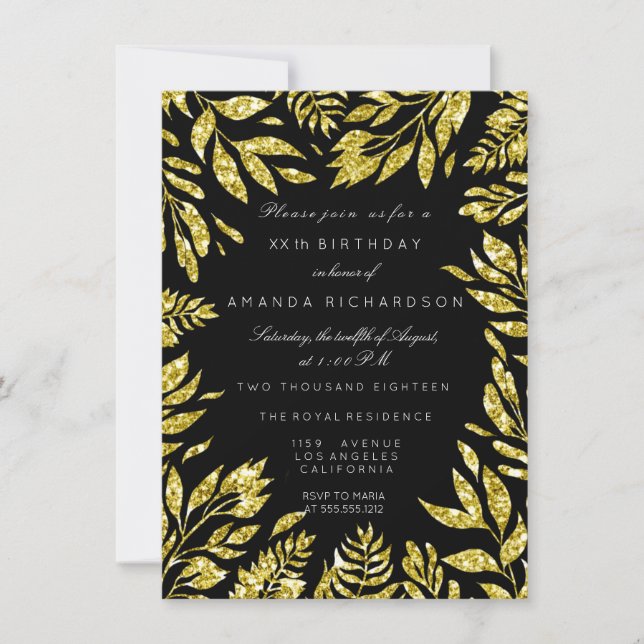 Golden Glitter Leafs Floral Frame Black Glam Bithd Invitation (Front)