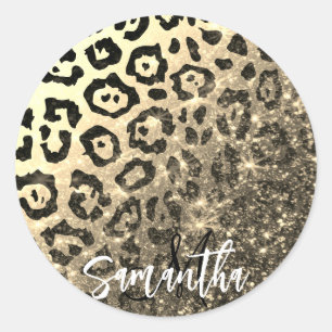 Golden Glitter Leopard Print Classic Round Sticker