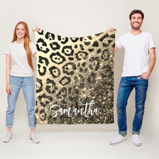 Golden Glitter Leopard Print Fleece Blanket (In Situ)
