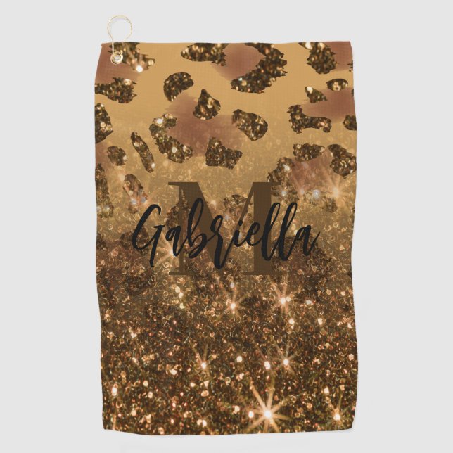 Golden Glitter Leopard Print Golf Towel (Front)