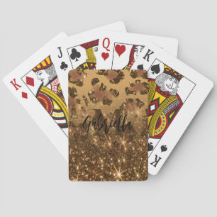 Golden Glitter Leopard Print Playing Cards