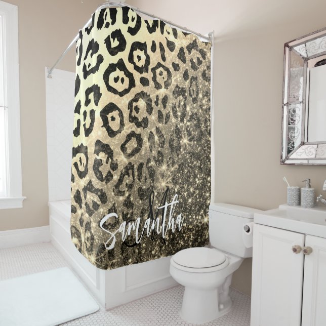 Golden Glitter Leopard Print Shower Curtain (In Situ)