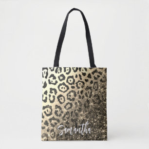 Golden Glitter Leopard Print Tote Bag