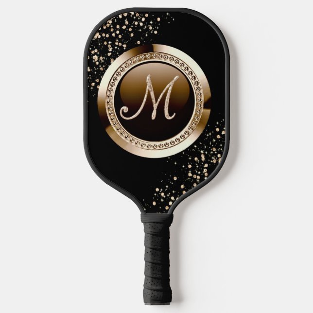 golden glitter letter and black pickleball paddle (Front)