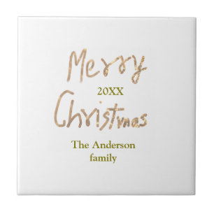 Golden glitter merry christmas add family name yea ceramic tile