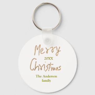 Golden glitter merry christmas add family name yea key ring