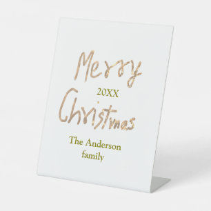 Golden glitter merry christmas add family name yea pedestal sign