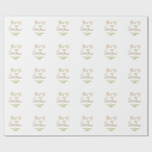 Golden glitter merry christmas add family name yea wrapping paper