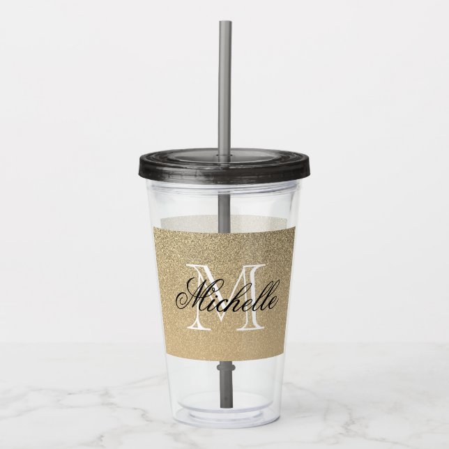Golden Glitter Monogram Acrylic Tumbler (Front)