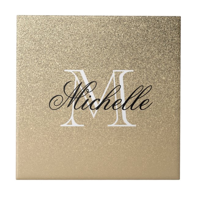 Golden Glitter Monogram Ceramic Tile (Front)