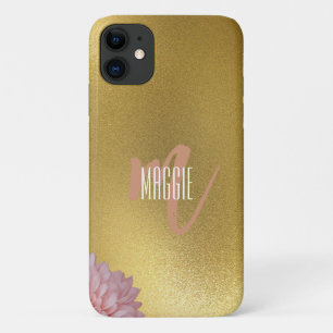 Golden glitter monogram with floral l Modern  iPhone 11 Case
