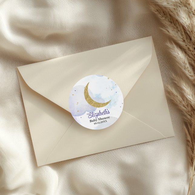 Golden Glitter Moon Baby Shower  Classic Round Sticker (Golden Glitter Moon Baby Shower Classic Round Sticker on an elegant envelope)