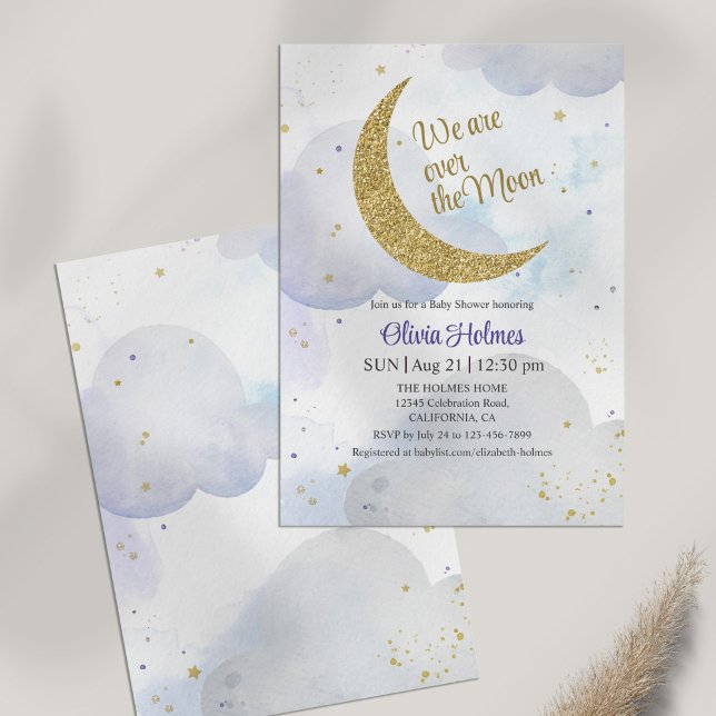 Golden Glitter Moon Baby Shower Invitation (Golden Glitter Moon Baby Shower Invitation on a white table)
