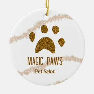 Golden glitter paws pet salon add name email websi ceramic ornament