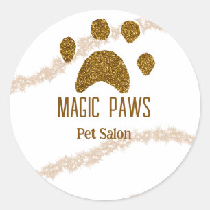 Golden glitter paws pet salon add name email websi classic round sticker