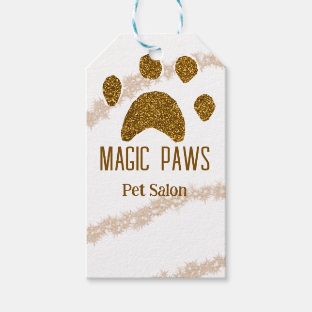 Golden glitter paws pet salon add name email websi gift tags (Front)