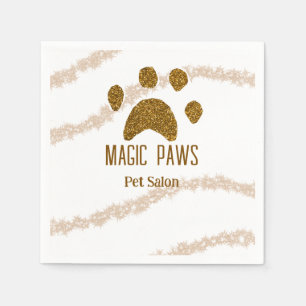 Golden glitter paws pet salon add name email websi napkin