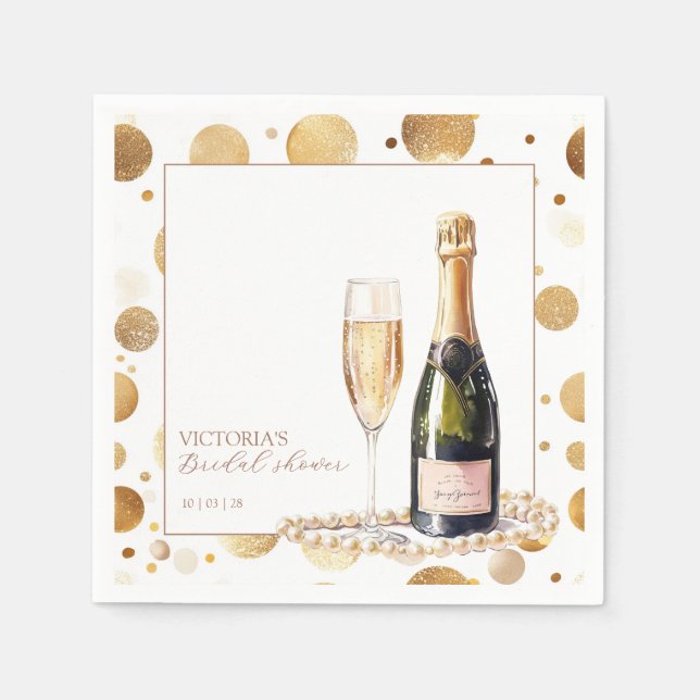 Golden Glitter Pearls and Prosecco Bridal Shower Napkin (Front)