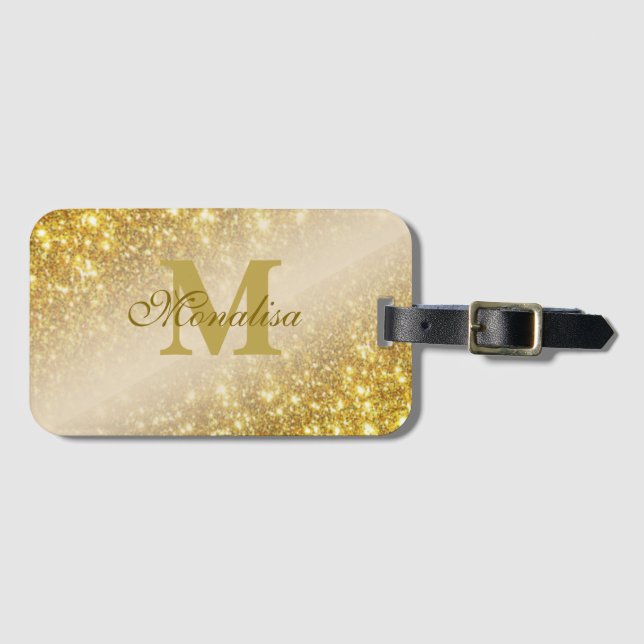 Golden glitter personalised luggage tag (Front Horizontal)