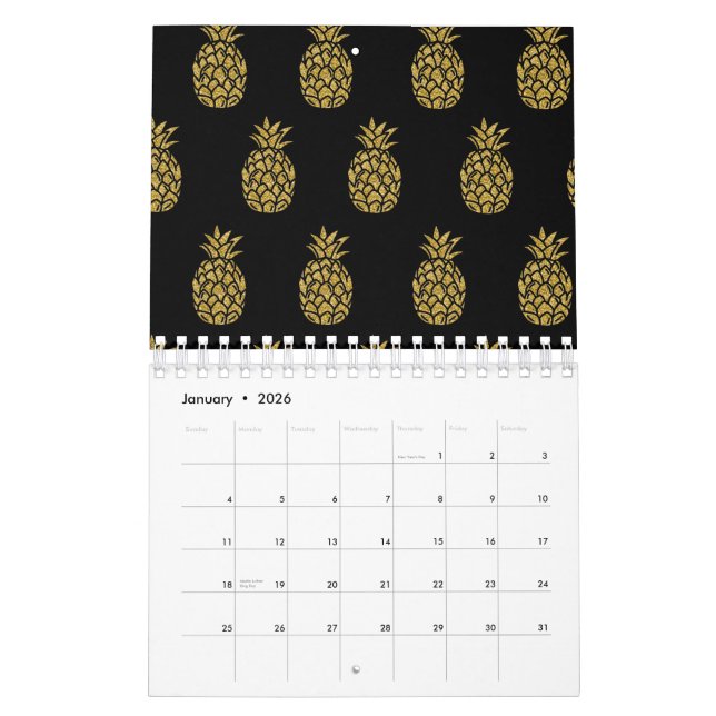Golden Glitter Pineapple Tropical Fruit Lover Calendar (Jan 2026)