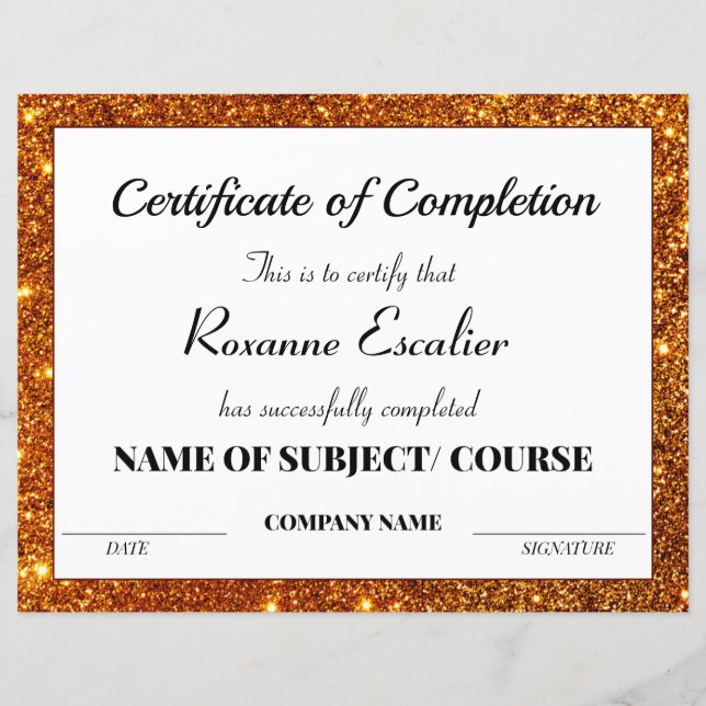 Golden Glitter Print Certificate Of Completion (Front)