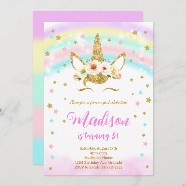 Golden Glitter Rainbow Unicorn Birthday Invitation (Front/Back)