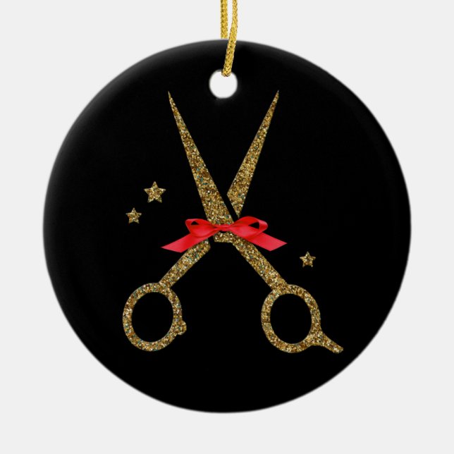 Golden glitter scissors - Hair dresser stylist Ceramic Ornament (Front)