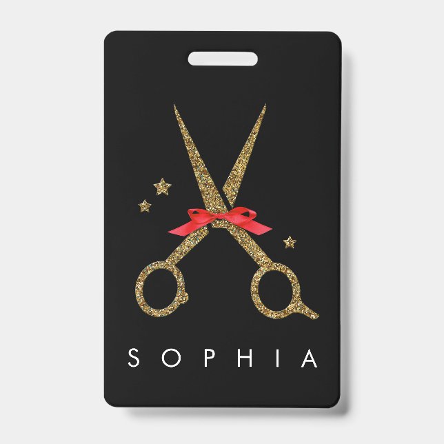 Golden glitter scissors - Hair stylist NAME ID Badge (Front)