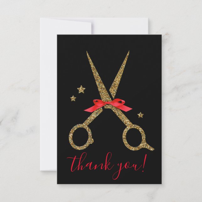 Golden glitter scissors - Trendy Modern black Thank You Card (Front)