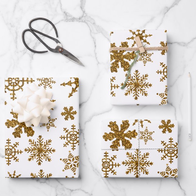 Golden Glitter Snowflakes Christmas Pattern Wrapping Paper Sheet (Front)