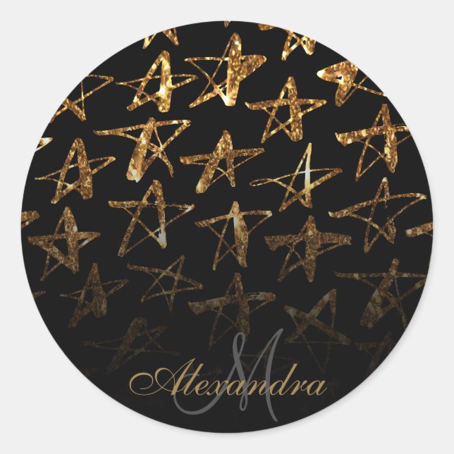 Golden Glitter Stars Classic Round Sticker (Front)
