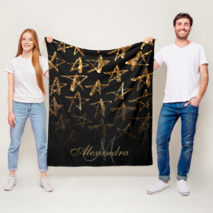 Golden Glitter Stars Fleece Blanket