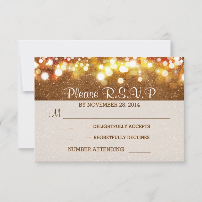 golden glitter string lights romantic wedding RSVP (Front)
