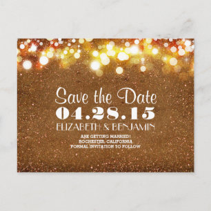 golden glitter string of lights save the date announcement postcard