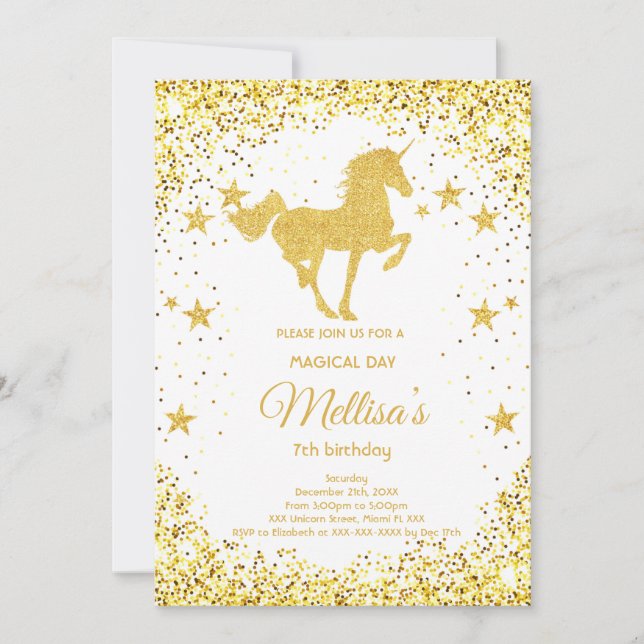 Golden Glitter unicorn birthday invitation (Front)