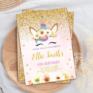 Golden Glitter Unicorn Birthday Invitations