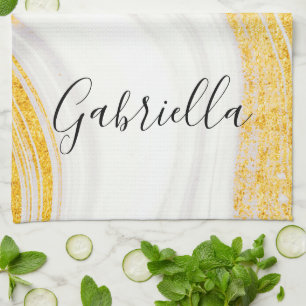 Golden Glitter White Marble Tea Towel