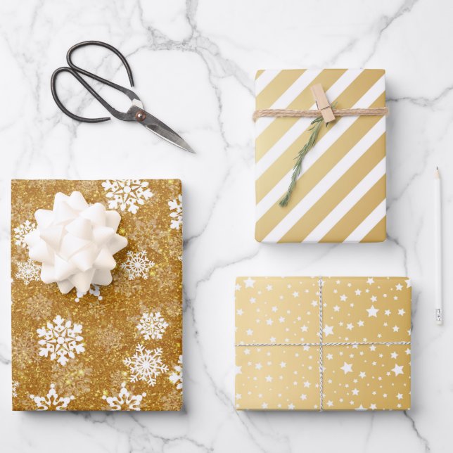 Golden Glitter White Snowflakes Stripes Stars Wrapping Paper Sheet (Front)