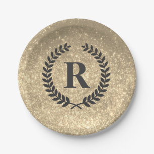 Golden Glitter With Monogram Paper Plate