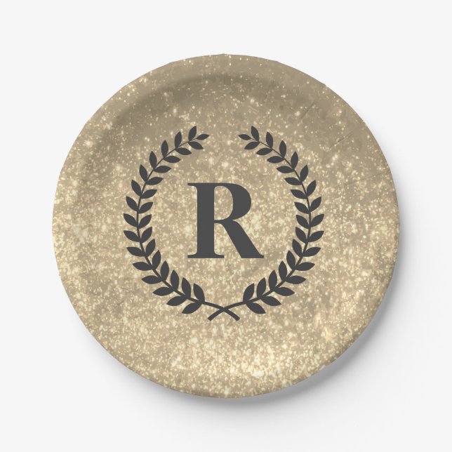 Golden Glitter With Monogram Paper Plate (Front)