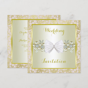 Golden Glitters, Diamond Floral Gems & Bow Wedding Invitation